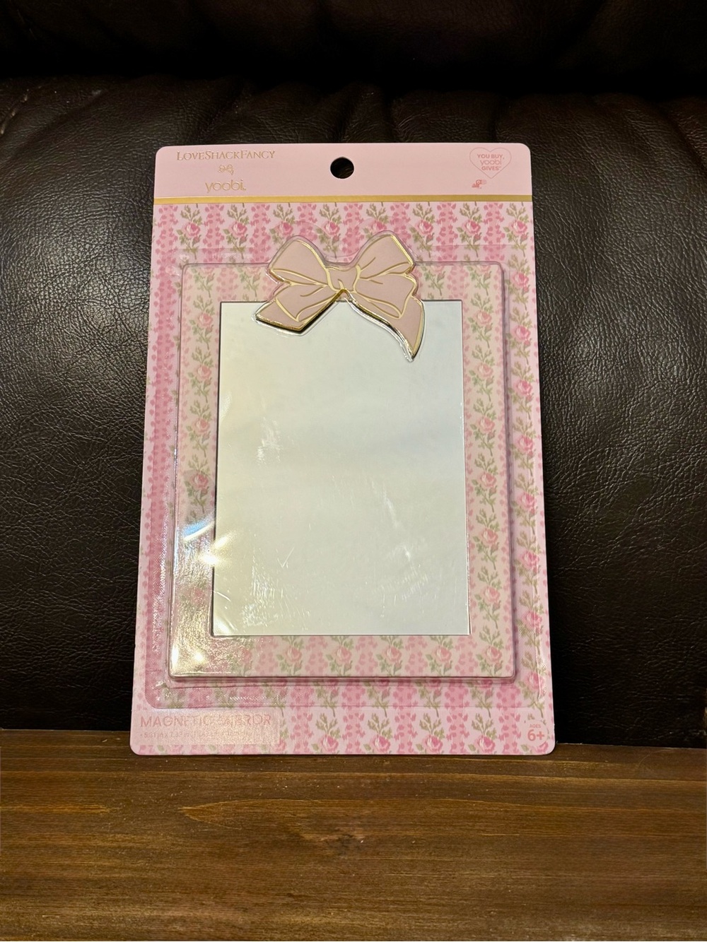 LoveShackFancy Yoobi Pink Floral mirror with Gold-Trim Bow